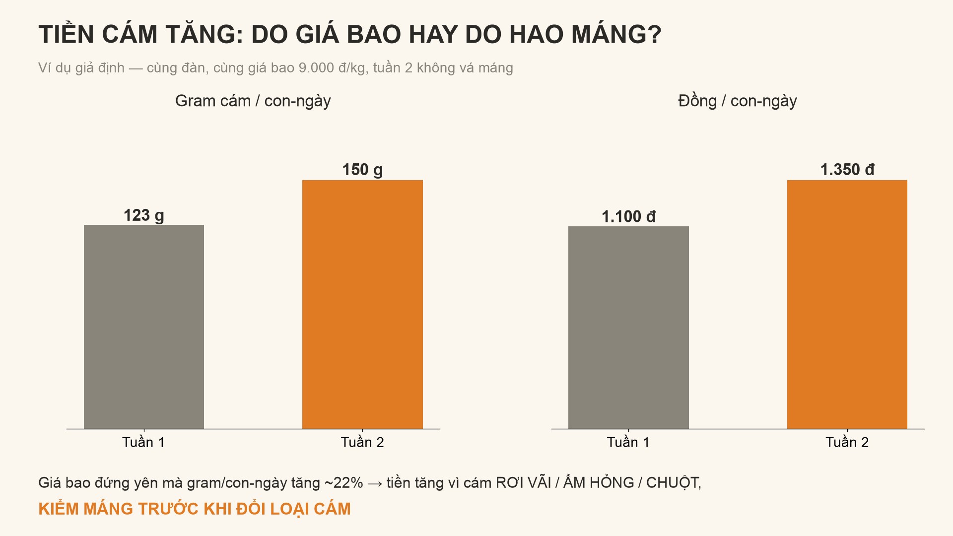 Biểu đồ so sánh gram cám mỗi con-ngày và tiền mỗi con-ngày giữa hai tuần, giá bao không đổi
