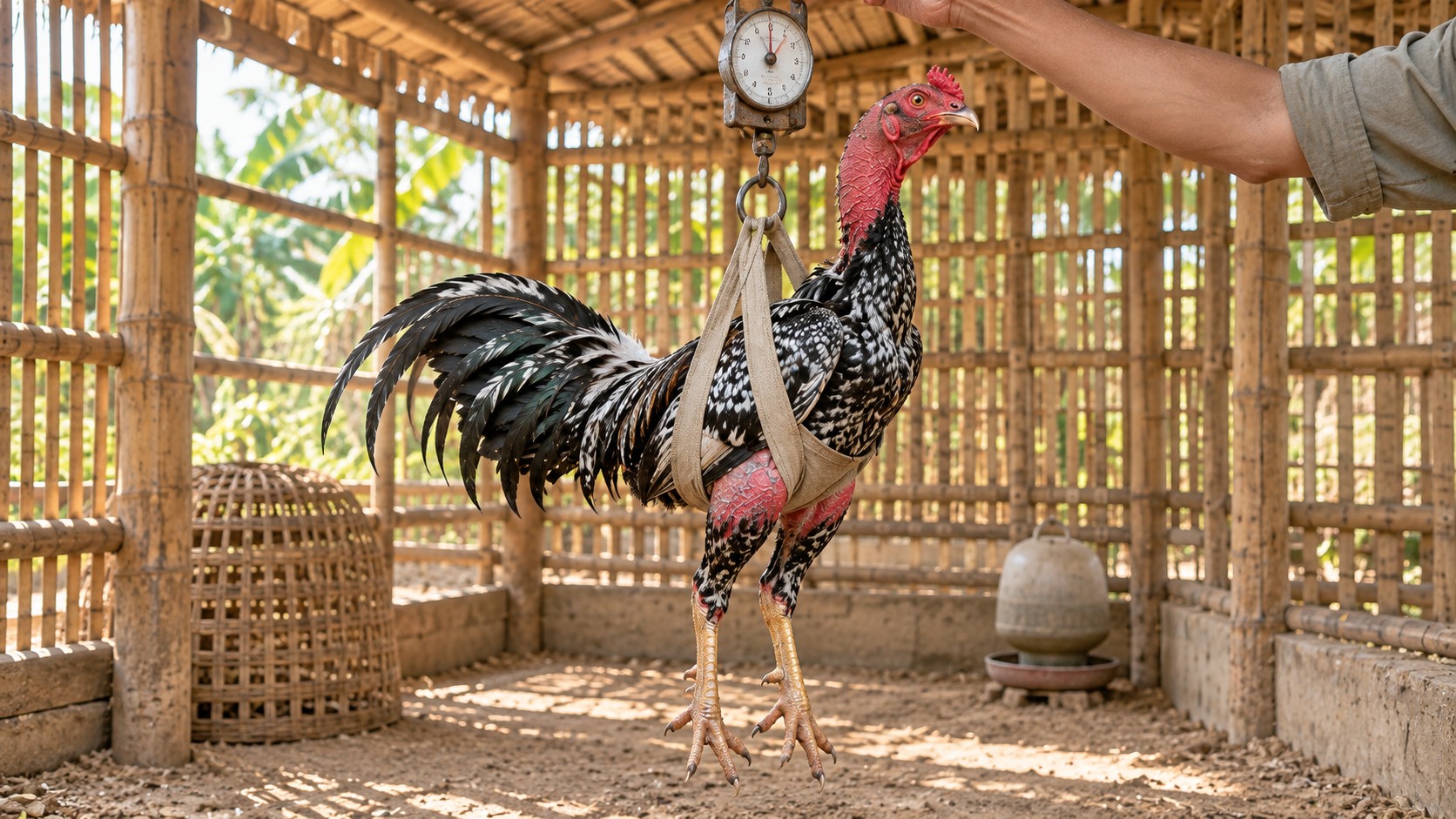 Cân gà nòi bằng cân lò xo treo để theo dõi cân nặng định kỳ, phát hiện gà ăn khỏe mà không lên cân do nhiễm giun sán