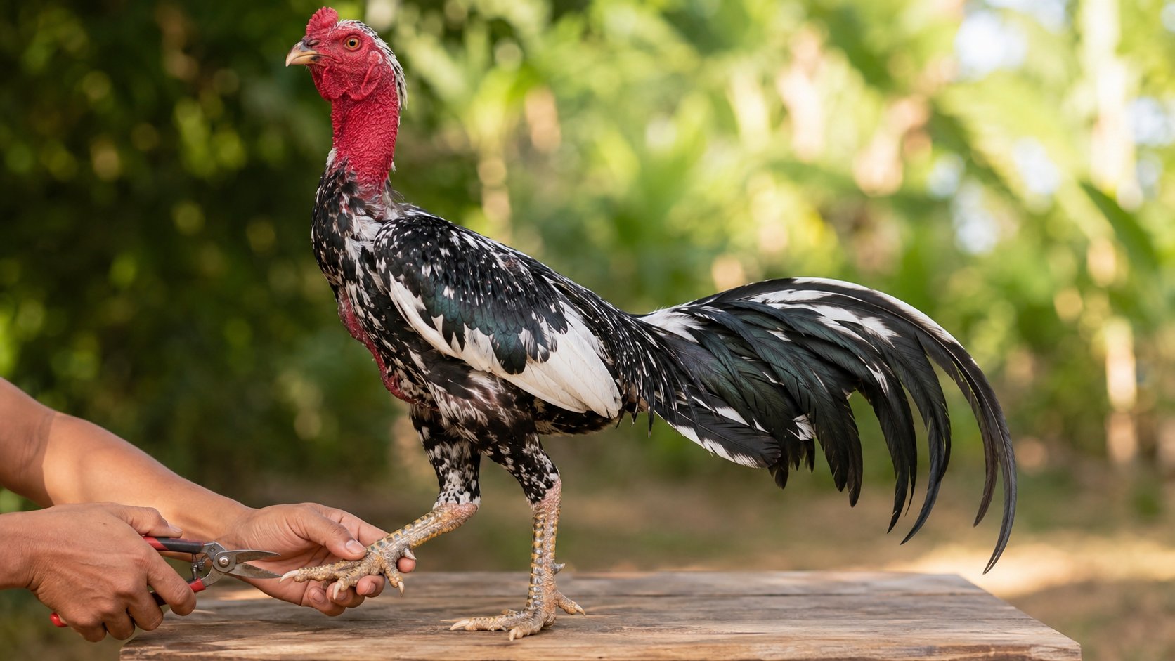 kiểm tra và tỉa móng bàn chân gà nòi bông vện trên bàn gỗ, quan sát vảy chân và cựa để ước lượng tuổi
