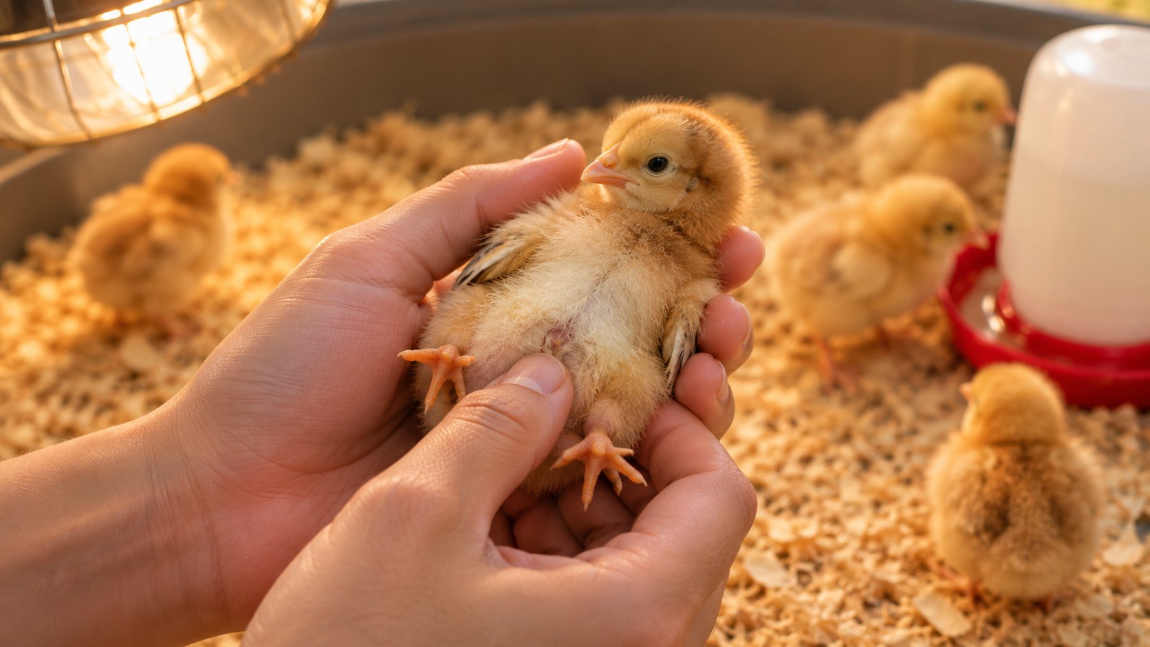 Hai bàn tay người nuôi đỡ gà con mới nở ngửa nhẹ để xem vùng rốn trong quây úm lót mùn cưa có đèn sưởi — kiểm tra rốn mỗi sáng giúp phát hiện sớm E.coli thể viêm rốn