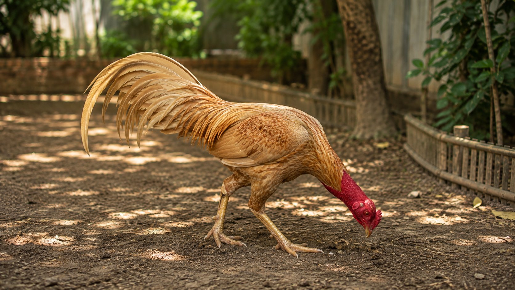 Gà nòi điều bới đất tìm côn trùng dưới bóng cây, nguồn mồi tươi tự nhiên giúp gà lên cân chắc thịt