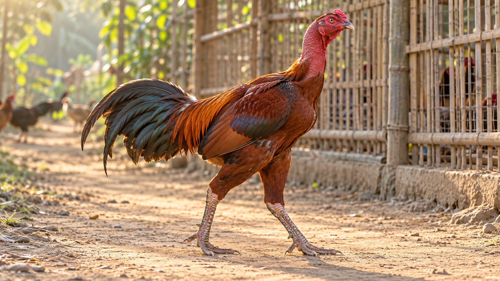 Đọc dáng đi gà buổi sáng: gà nòi lông điều bước đều trên lối đất khô phẳng cạnh chuồng tre lúc rạng sáng