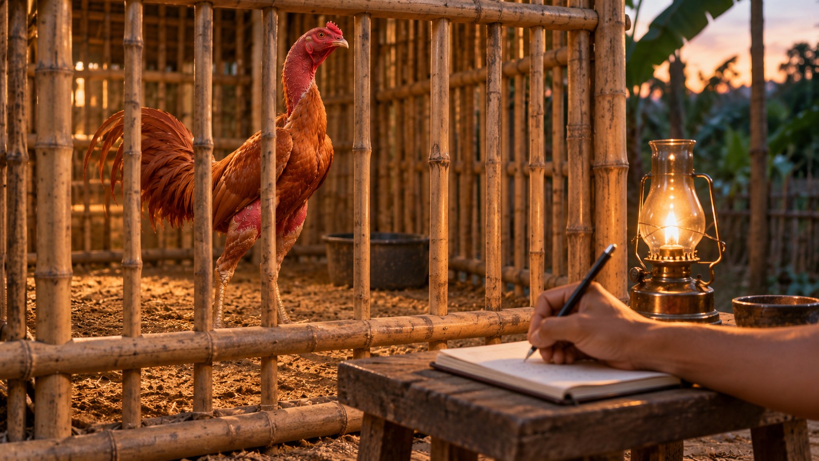 Người nuôi ghi sổ theo dõi bữa ăn và diều của gà nòi điều đứng trong chuồng tre lúc chập tối