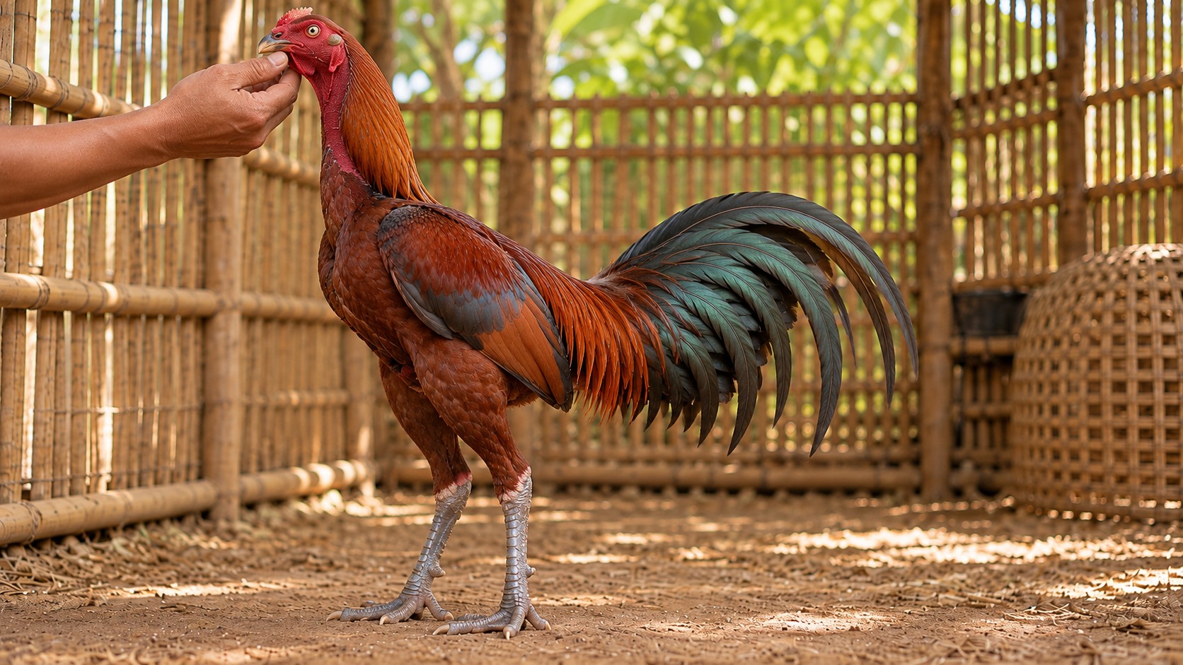 Nâng nhẹ đầu gà nòi điều đỏ cam để xem mào, mắt và mũi nhằm kiểm tra dấu hiệu hô hấp trước khi quyết định dùng nước lá