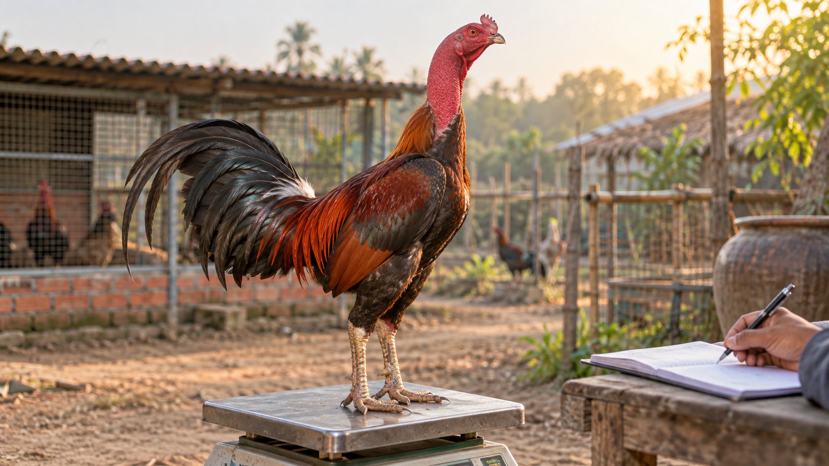 Gà điều lửa đứng trên bệ cân, người ghi số liệu vào sổ tay để theo dõi trọng lượng trong đợt gà đau chân