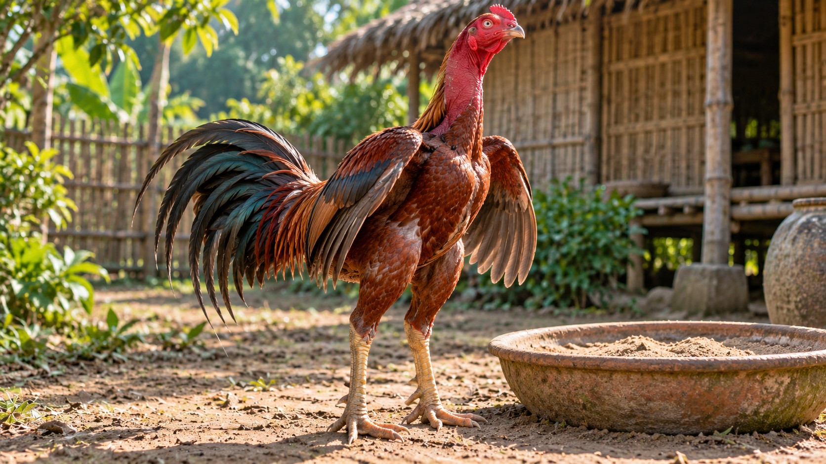 Gà nòi trống lông đồng đỏ đứng tắm nắng sáng sớm cạnh chậu cát khô