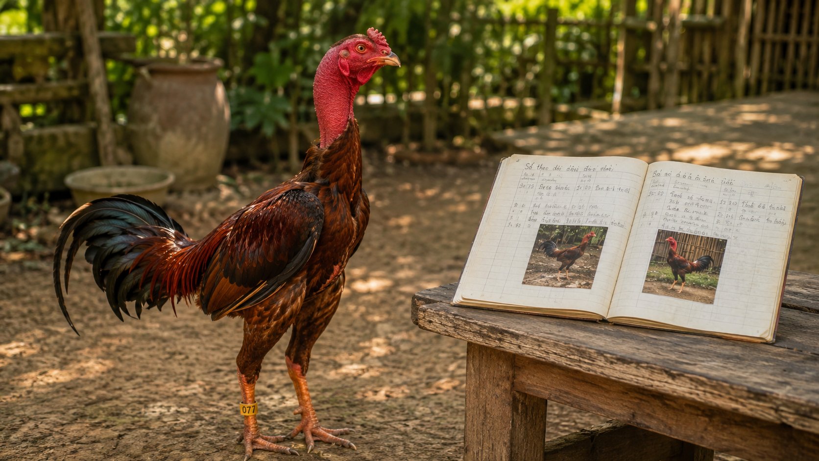 Chọn gà trống giống tía đỏ: đối chiếu hồ sơ dòng và đeo thẻ chân đánh số để theo dõi đàn giống