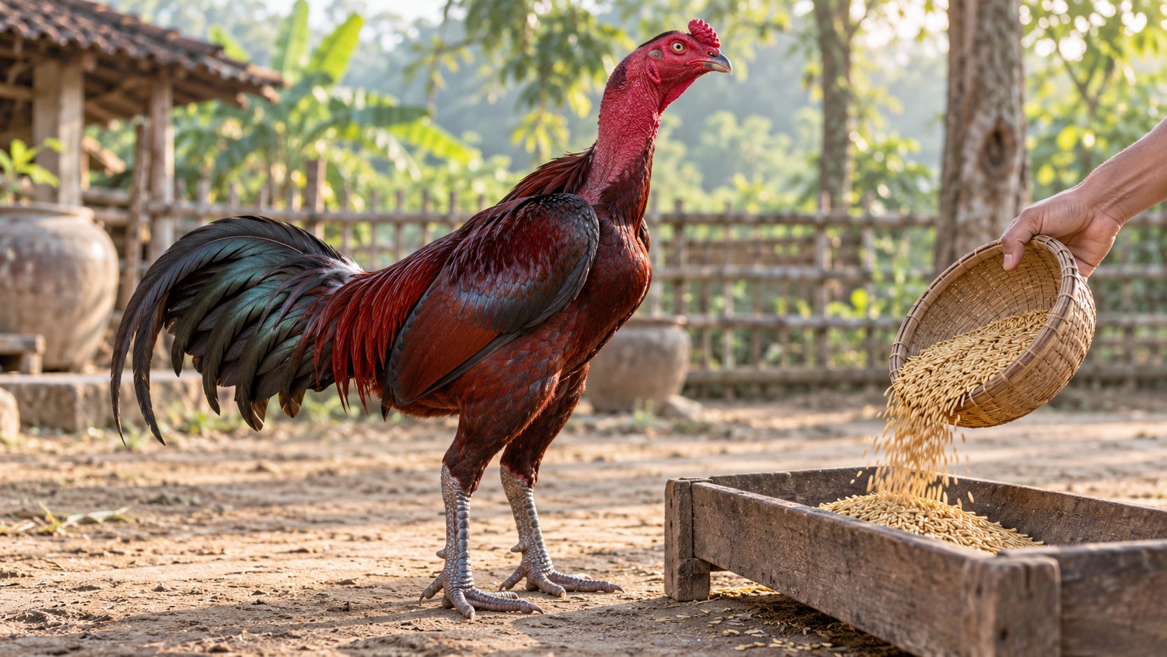 Thuốc bổ cho gà nòi — đổ thóc vào máng cho gà nòi màu khét ăn đầu ngày
