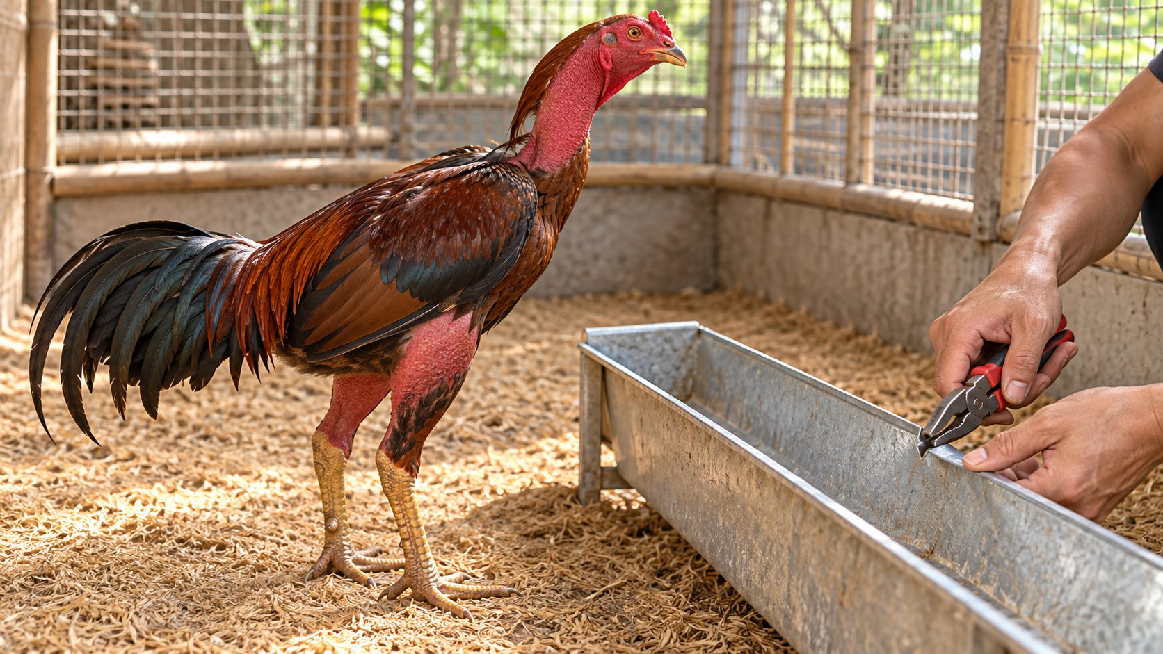 Gập mép máng tôn sắc vào trong để gà không bị xước mỏ khi ăn