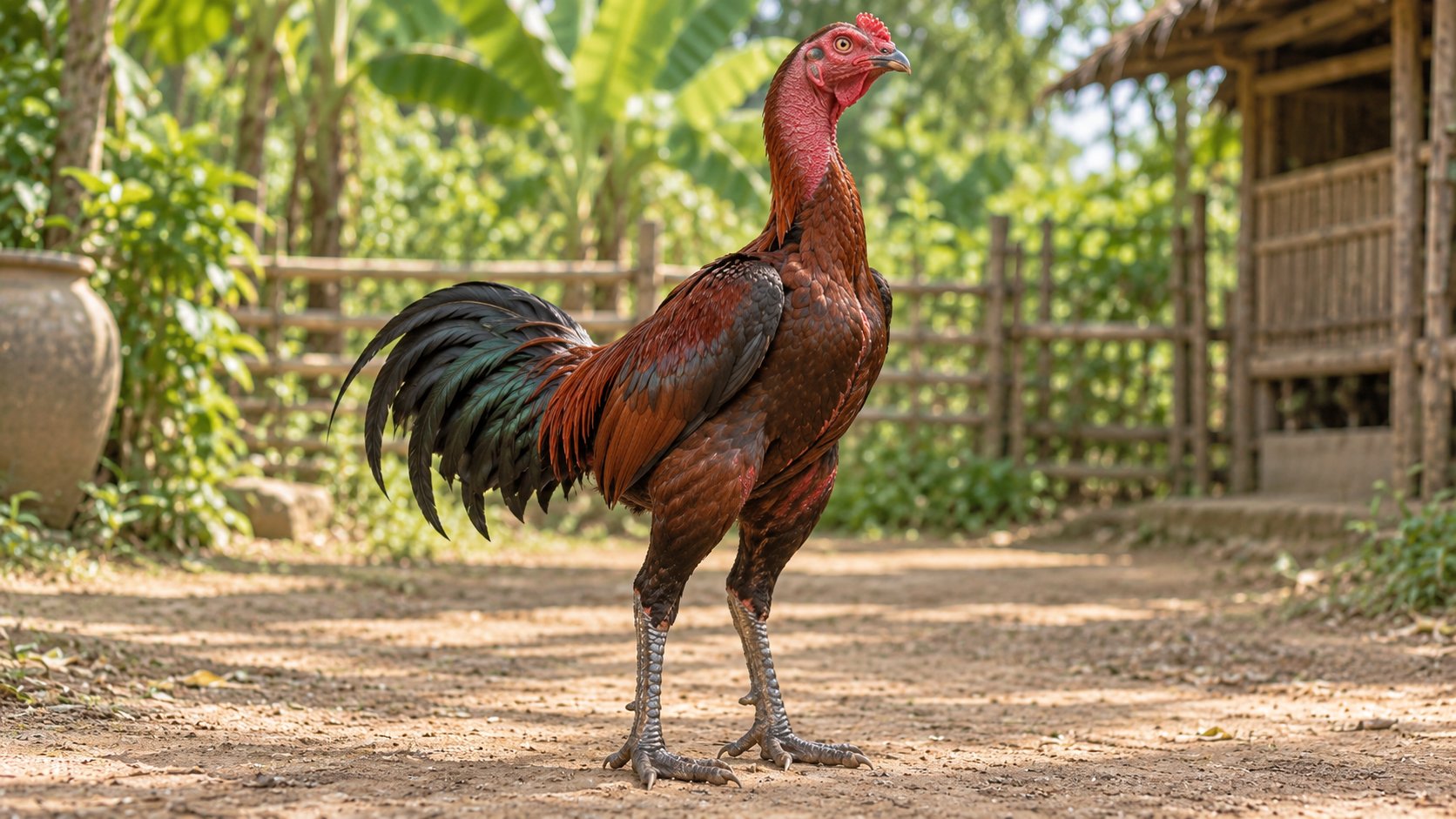 Gà nòi màu khét đứng cạnh hàng rào tre — so sánh vóc dáng giống ngoại với gà nòi Việt Nam