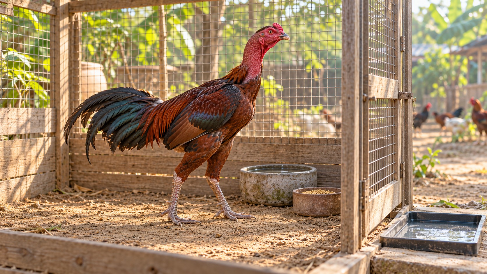 Ô cách ly gà ốm tại nhà — gà nòi khét đứng riêng trong ô ván lưới nhỏ cạnh đàn, máng riêng