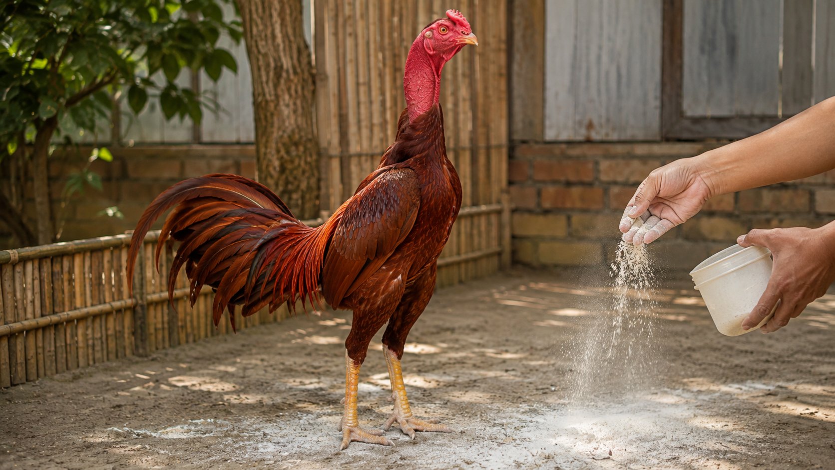 Rắc Men Vi Sinh lên nền sân thả gà để giữ khô và giảm mùi