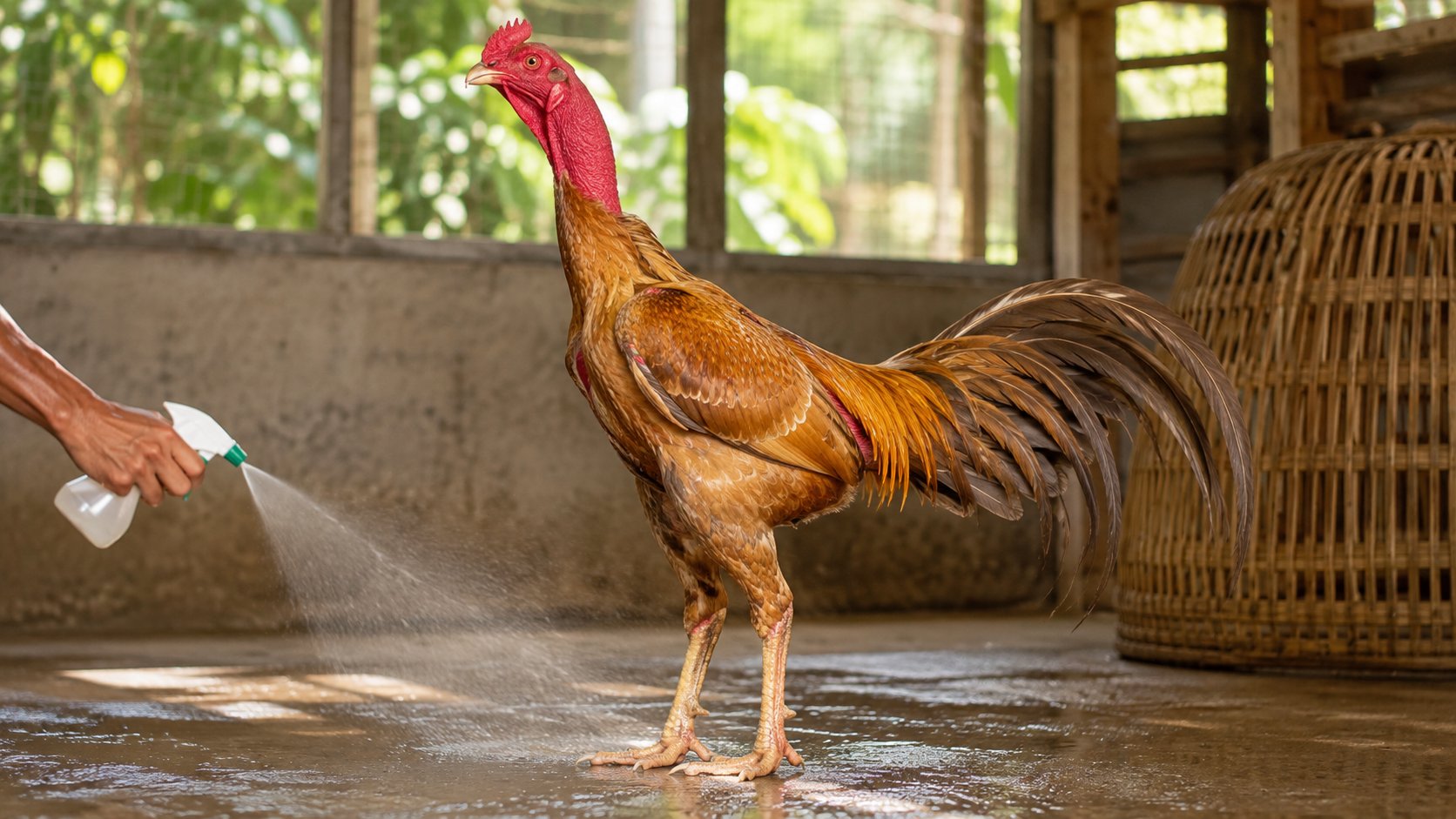Người nuôi xịt khử mùi lên nền chuồng khô ráo để cắt nguồn ẩm bẩn quanh khu vực ổ đẻ của gà mái