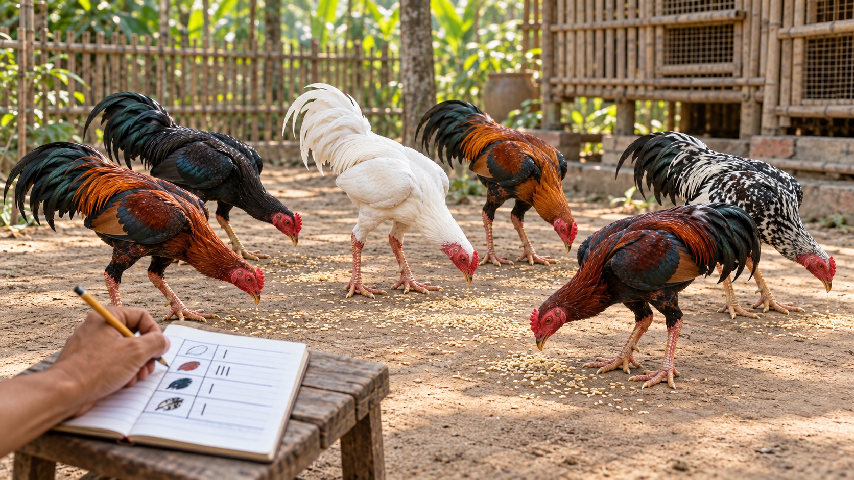 Người nuôi ghi sổ đếm số gà nòi theo màu lông trong đàn cùng lứa để kiểm chứng màu ít gặp