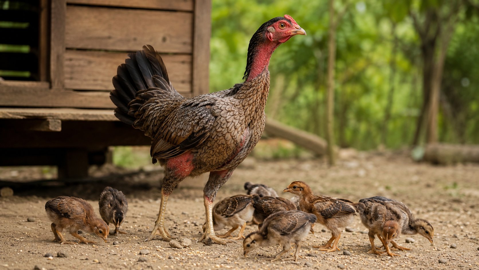 Gà mái mẹ dẫn đàn gà con kiếm ăn cạnh chuồng gỗ — gà con cần ít diện tích hơn nhưng phải nới ô theo từng tuần tuổi