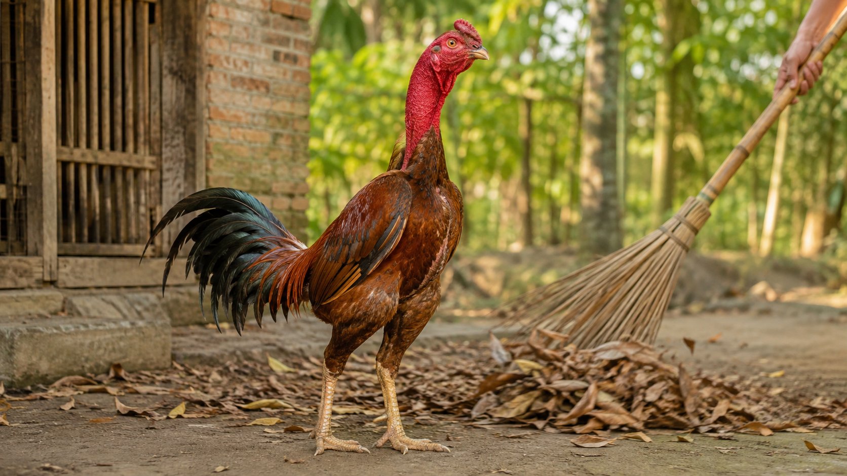 Quét dọn lá khô và vệ sinh sân chuồng gà để hạn chế mầm bệnh gà rù lây lan