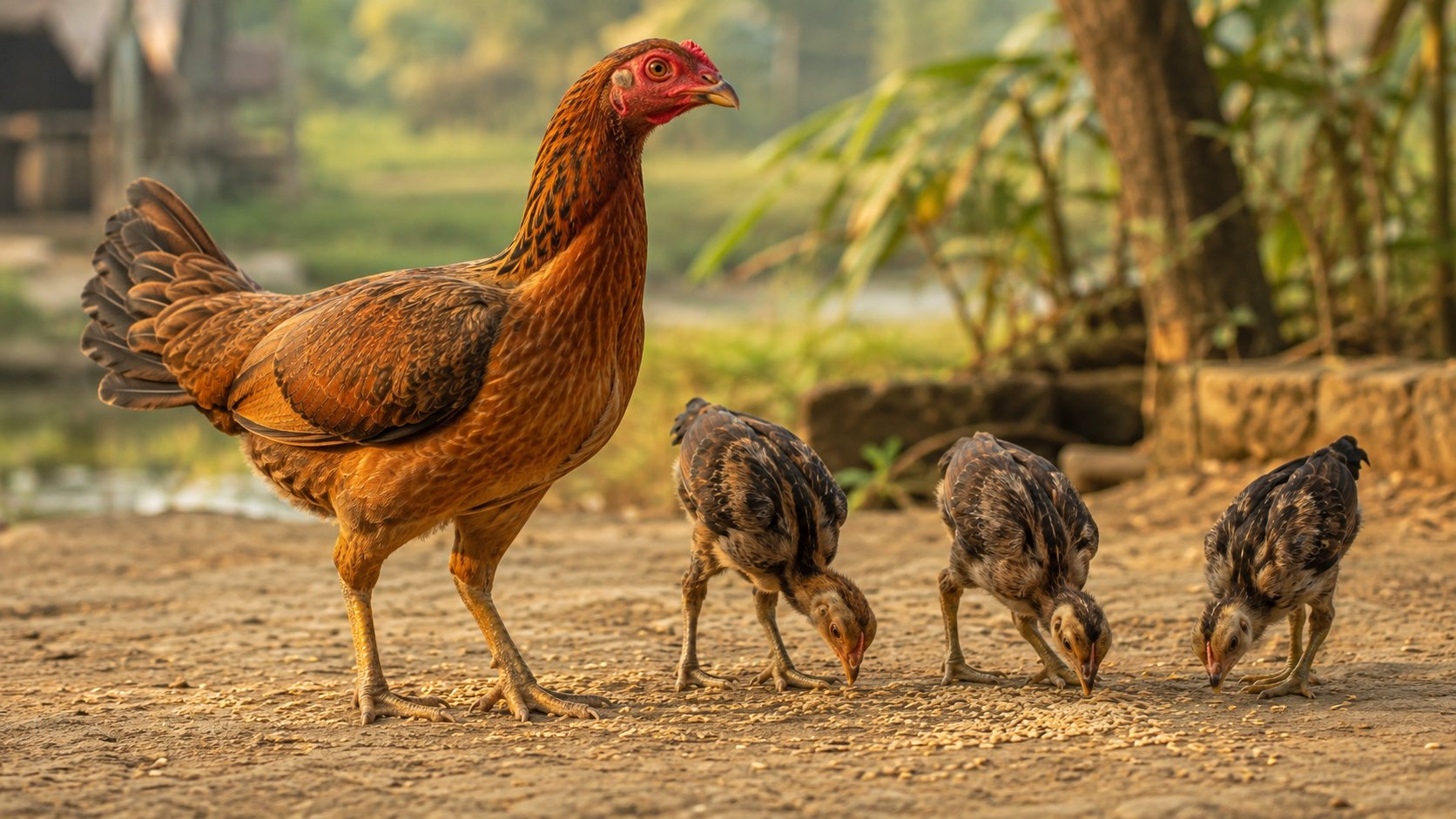 gà mổ ăn thóc rải trên sân buổi sáng khi đã ăn lại bình thường sau đợt điều trị