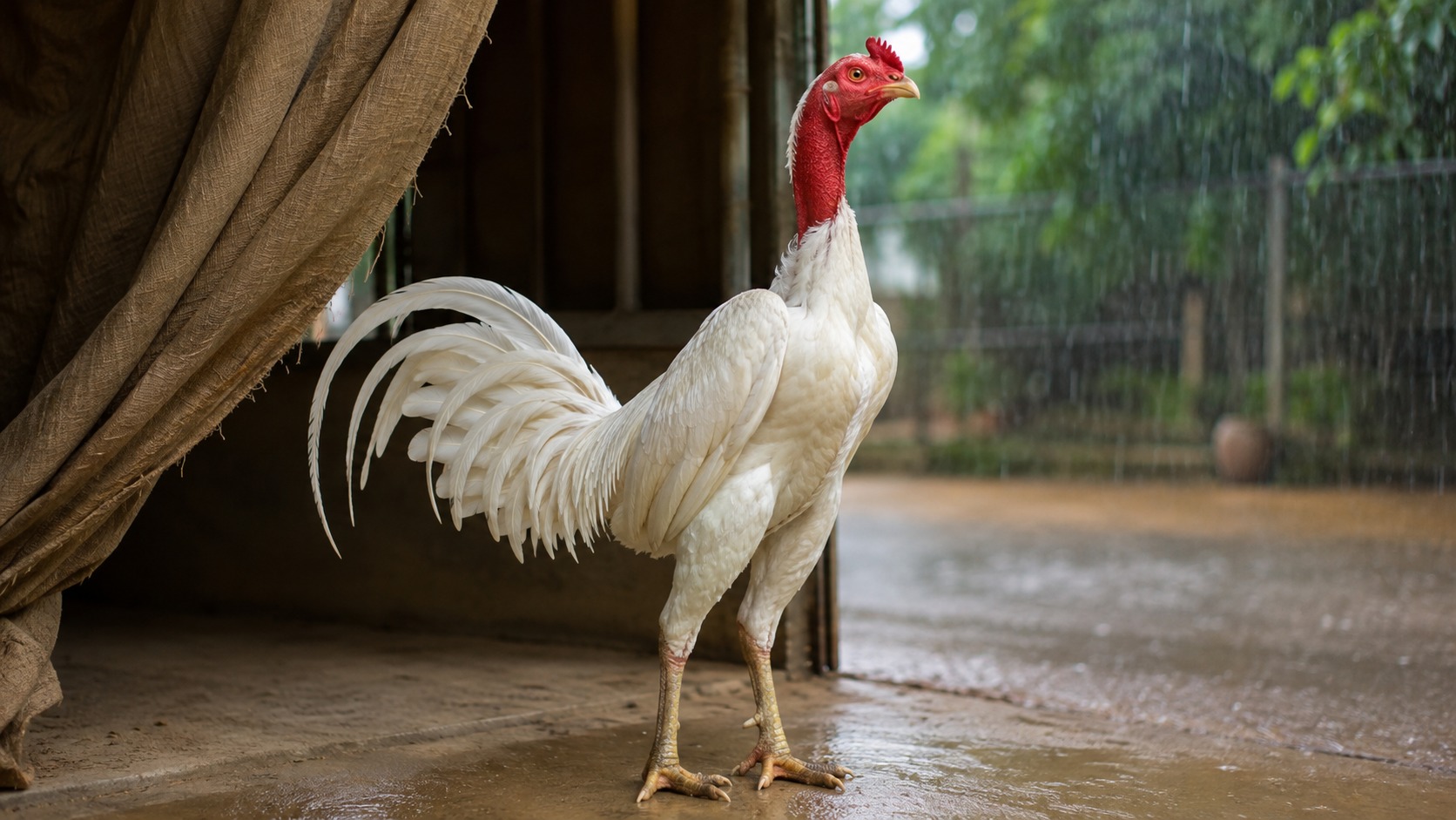 Gà nòi nhạn trắng đứng ở cửa chuồng có rèm bạt vén một phần, minh họa cách che một phần tầm nhìn tạo góc trú cho gà mới về