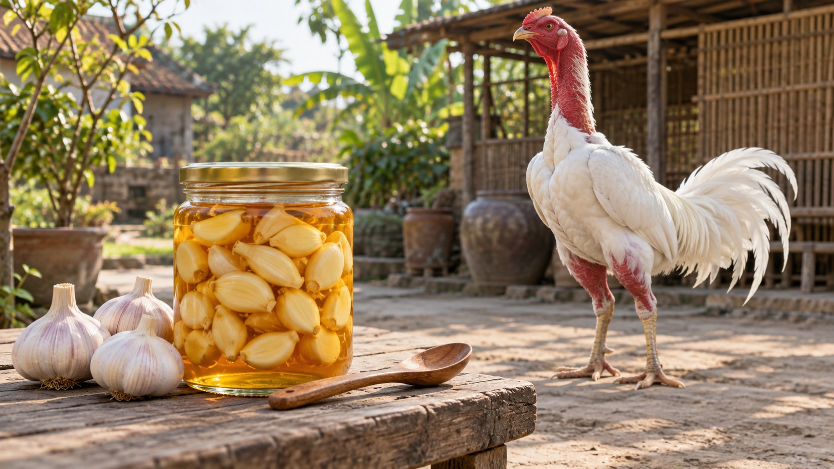 Tỏi ngâm mật ong cho gà — lọ tỏi bóc vỏ ngập mật ong trên ghế gỗ, gà nòi nhạn trắng đứng phía sau