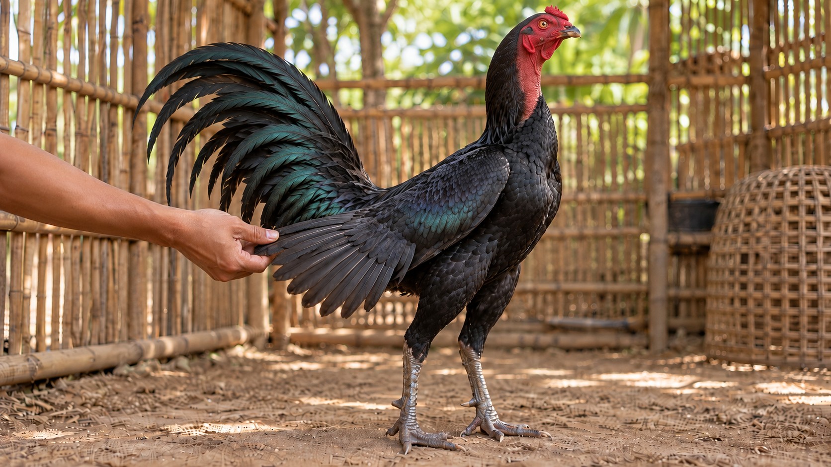 Banh nhẹ lông cánh và nâng đuôi gà nòi ô đen để soi tìm nốt đậu ở vùng da kín