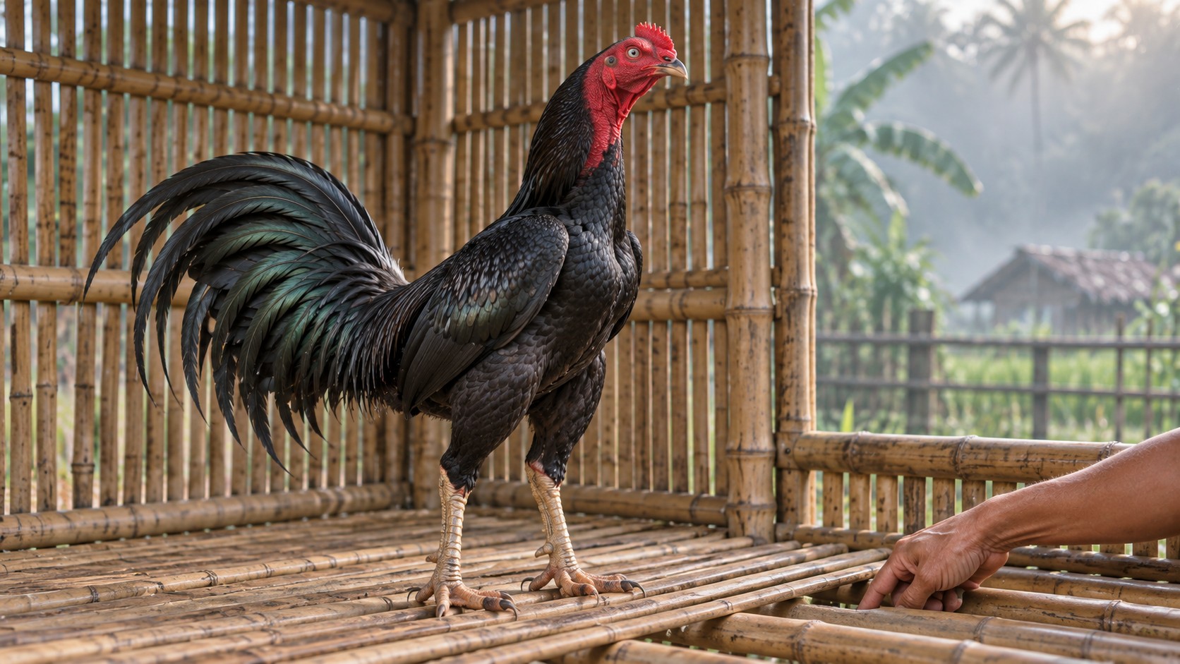 Người nuôi kiểm tra khe sàn tre và nền chuồng gà nòi ô đen buổi sáng để giữ chuồng sạch khô, cắt nguồn lây thương hàn