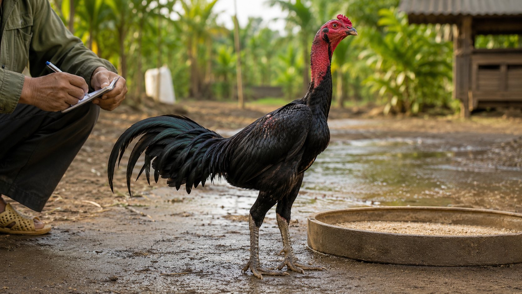 gà ô lông đen tuyền ánh xanh đứng trong sân trại