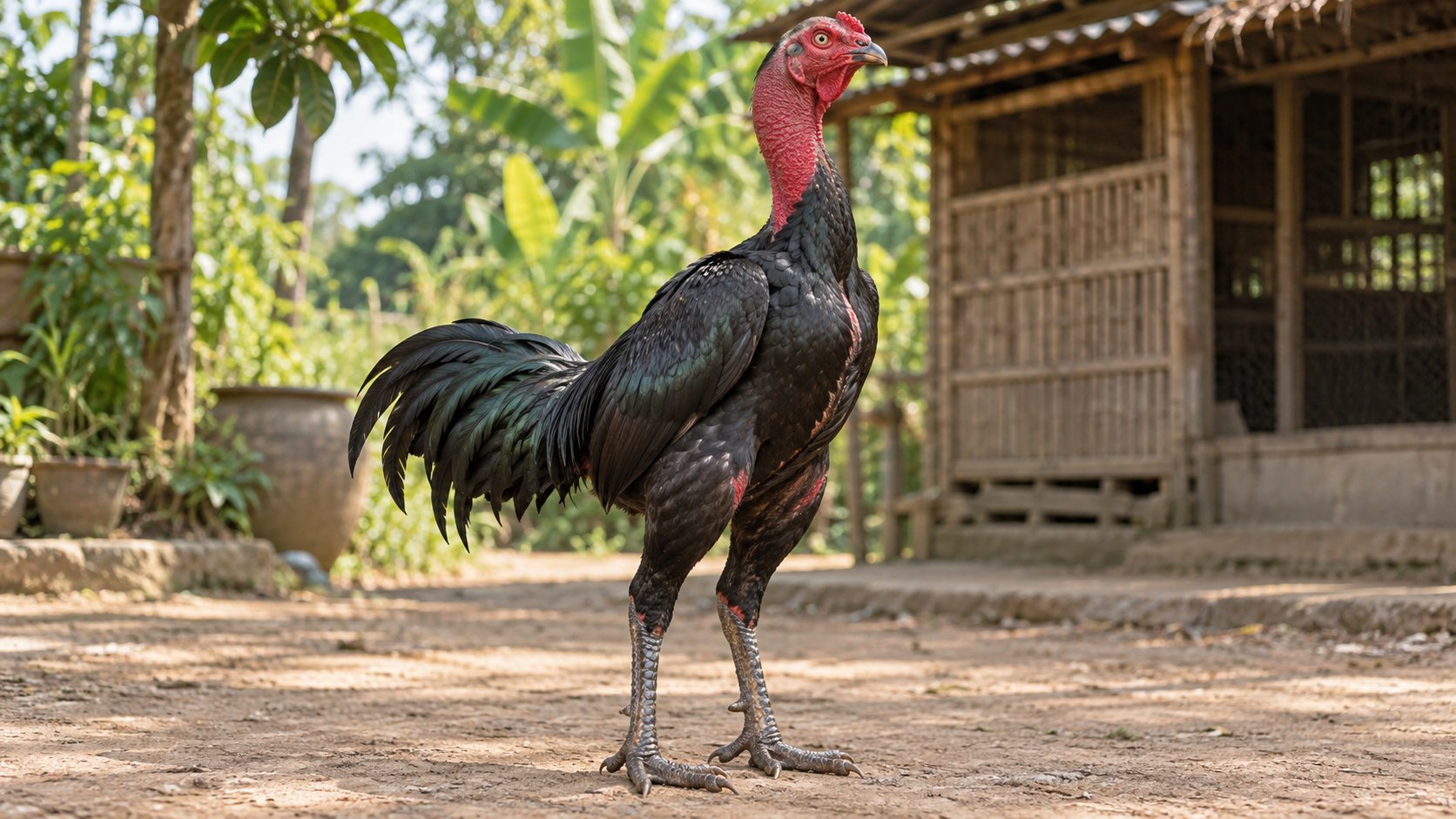 Gà nòi ô tuyền đứng thẳng thể hiện vóc dáng và thế đứng — cách đọc dáng thân để nhận biết dòng gà