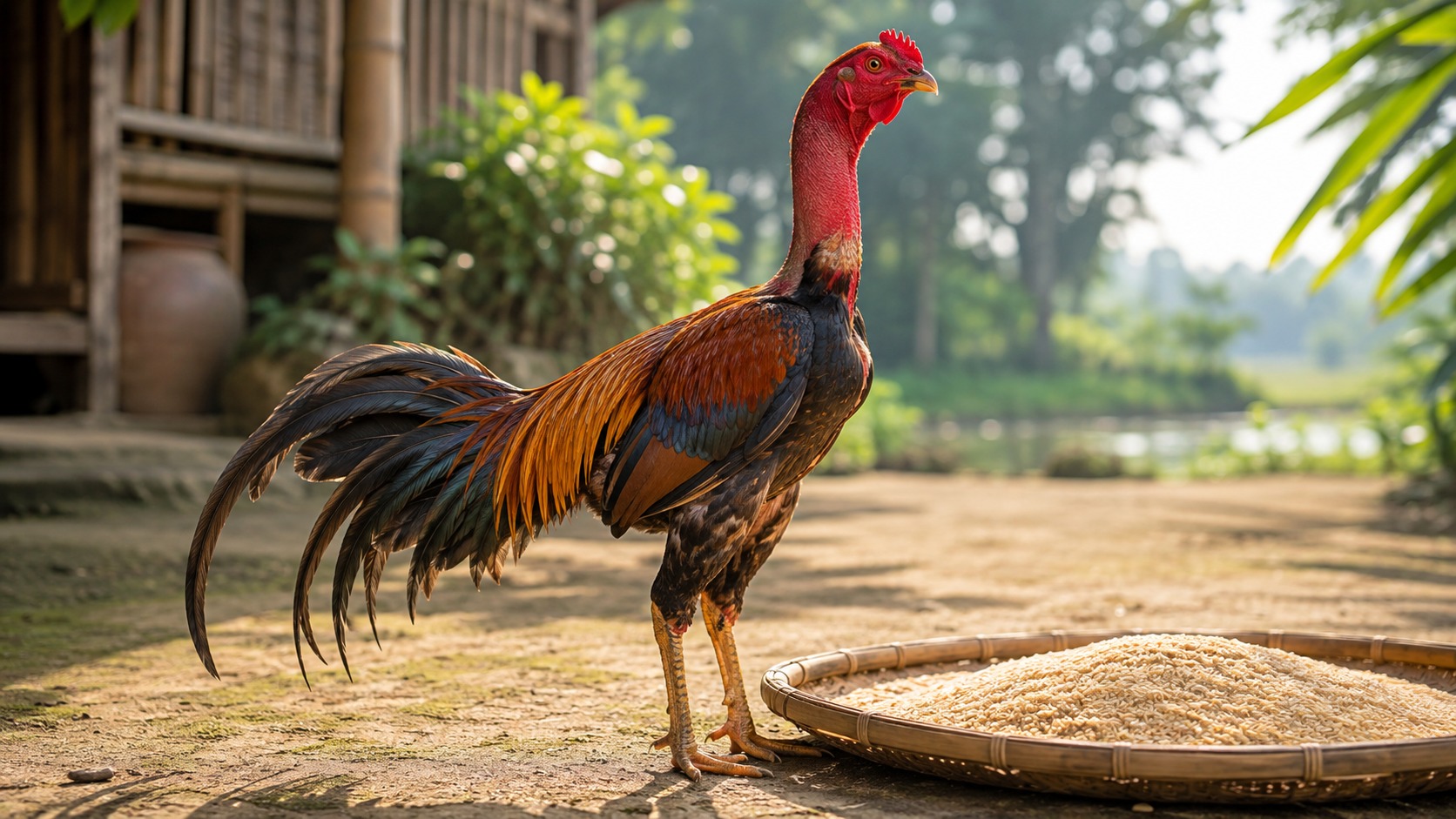 Nong tre phơi thóc dưới nắng sân trại, kiểm tra độ khô và độ đồng đều của hạt trước khi cho gà ăn