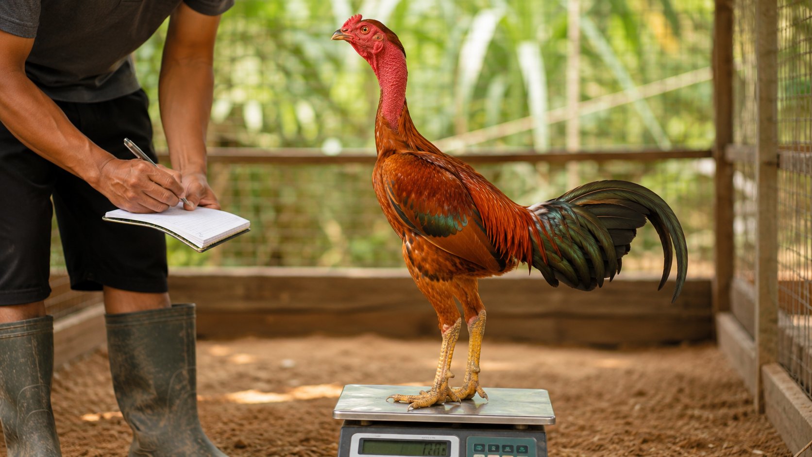 Đo phần thức ăn còn lại bằng ca cố định và ghi một dòng vào sổ theo dõi mỗi sáng cho gà nòi