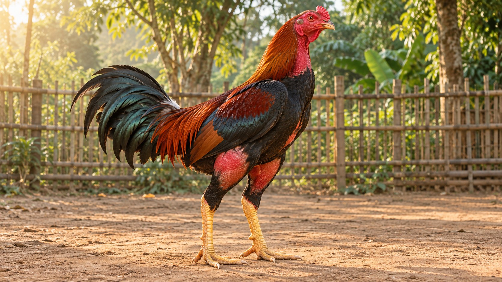 Gà nòi là gì: gà nòi trống lông tía đứng nghiêng, thân cao, đùi và cổ lộ da đỏ, chân vàng vảy dày
