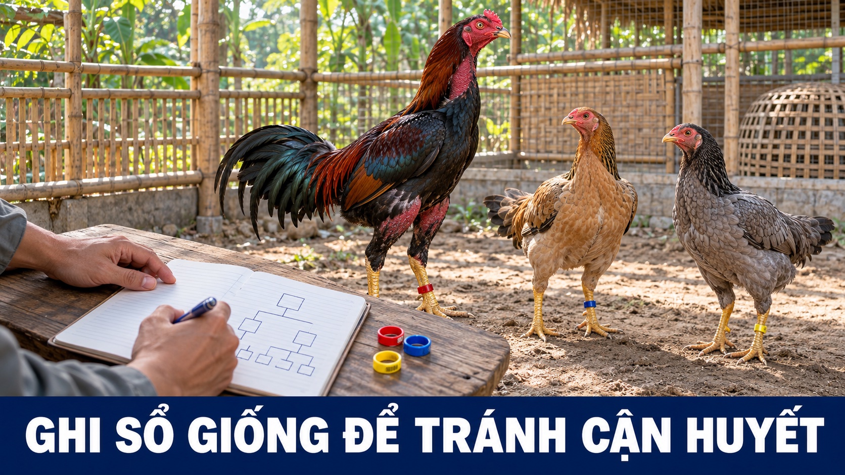 Gà nòi cận huyết: người nuôi ghi sổ giống bên trống tía và hai mái nòi đeo vòng chân màu khác nhau