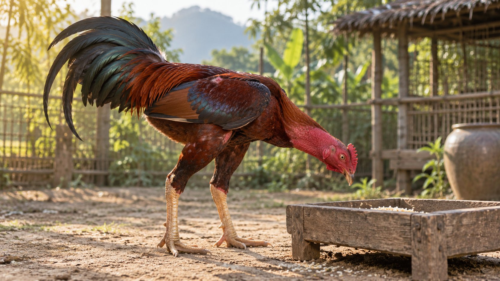 Gà nòi tía đỏ mới ốm dậy mổ ăn chậm bên máng, được chăm dinh dưỡng để hồi phục đề kháng sau khi mắt đau do bệnh