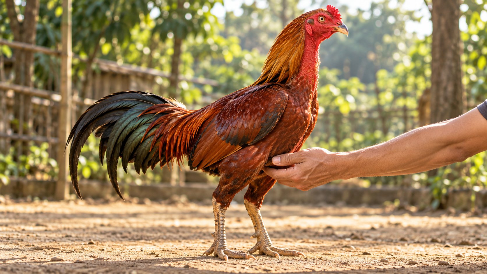 Sờ nhẹ vùng bụng gà nòi tía đỏ để đánh giá thể trạng béo gầy trước khi điều chỉnh lượng đạm trong khẩu phần phòng bệnh gút