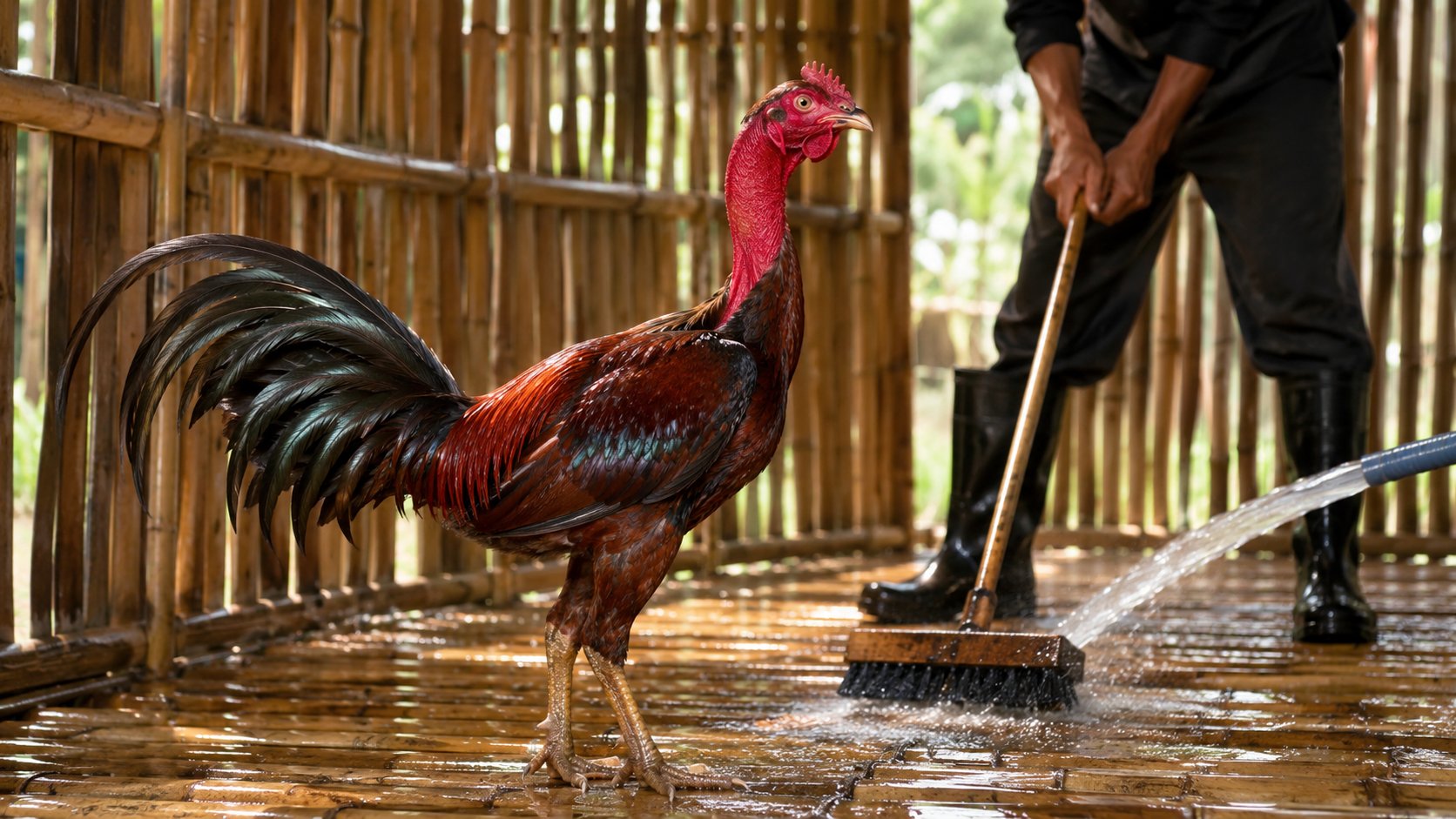 quét dọn và vệ sinh nền chuồng, khe gỗ để diệt ổ mạt gà