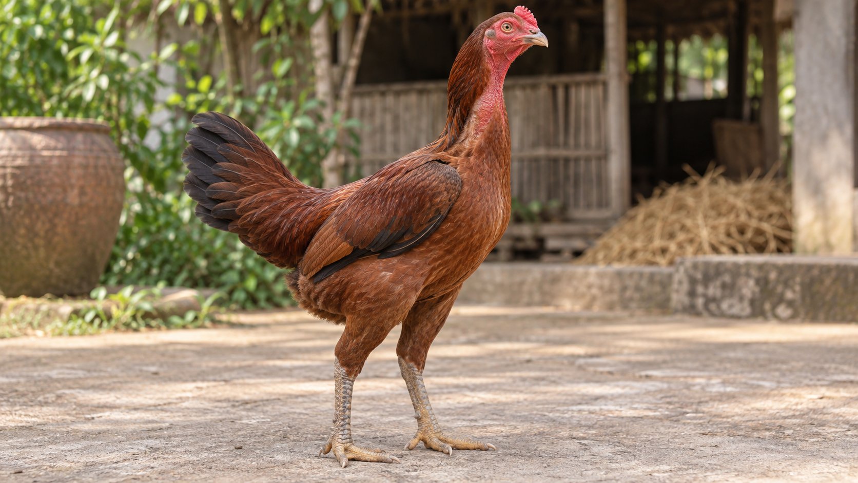 Lu nước lớn đặt ở sân gạch cạnh chỗ gà nòi đứng, dùng làm vật chứa nước uống hằng ngày cho đàn