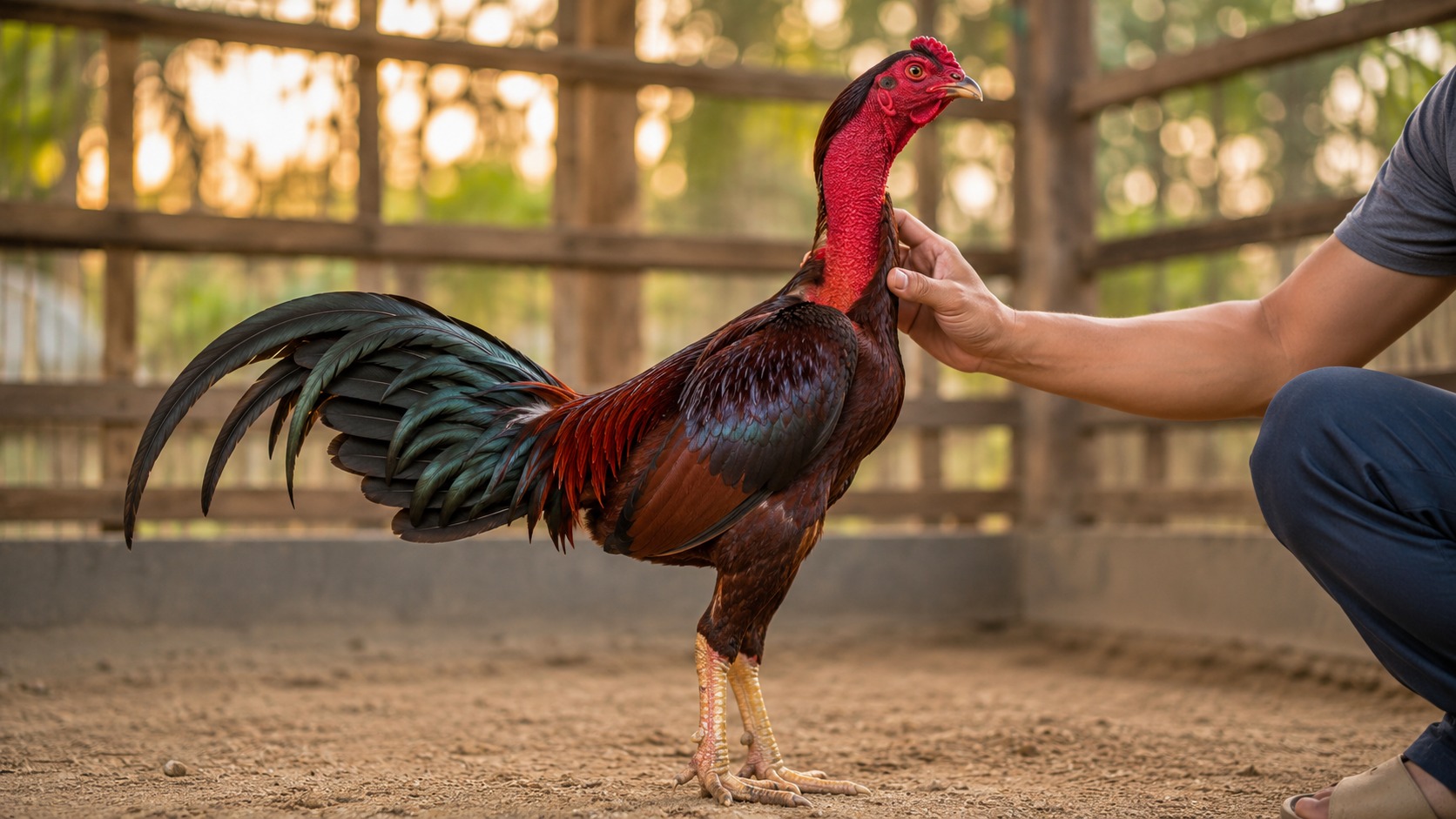 Kiểm tra diều gà nòi tía sậm bên mẹt thóc lúc chiều tối để canh khẩu phần từng bữa