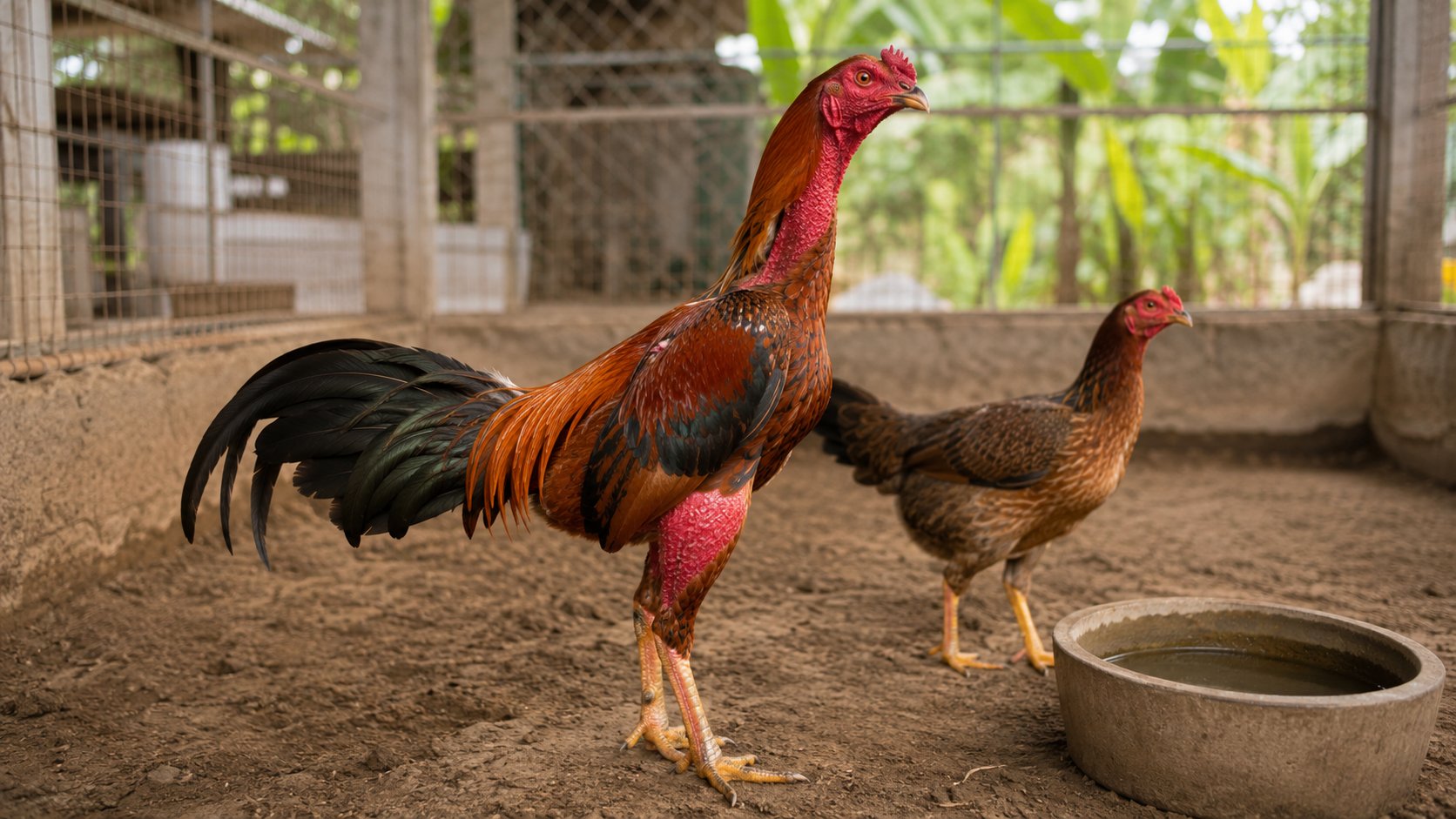 Gà trống tía đỏ và gà mái nâu đứng chung trong một ô chuồng lưới có bát nước — minh họa mật độ nuôi gà trên mỗi mét vuông