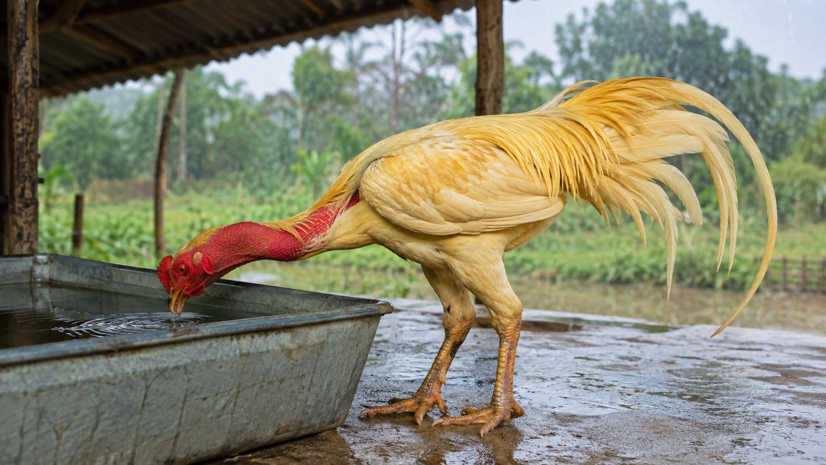 cấp nước sạch cho gà ở máng đặt trong bóng râm ngày oi ẩm