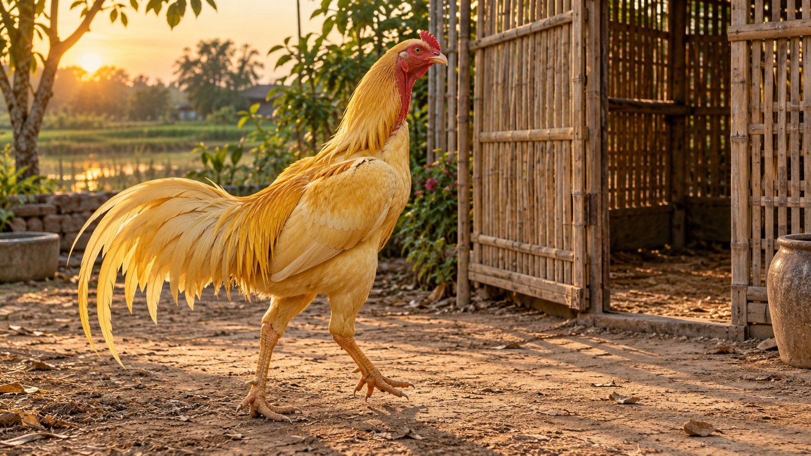Gà nòi vàng chanh tự đi về phía cửa chuồng lúc chiều muộn, khung giờ phù hợp để mở vách ghép đàn gà