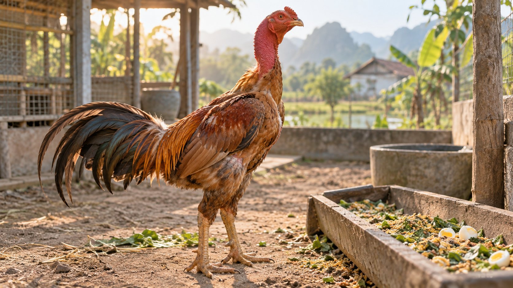 Gà nòi vàng đất đứng cạnh máng thức ăn trộn cám, trứng và rau xanh — nền khẩu phần để bổ sung canxi, khoáng
