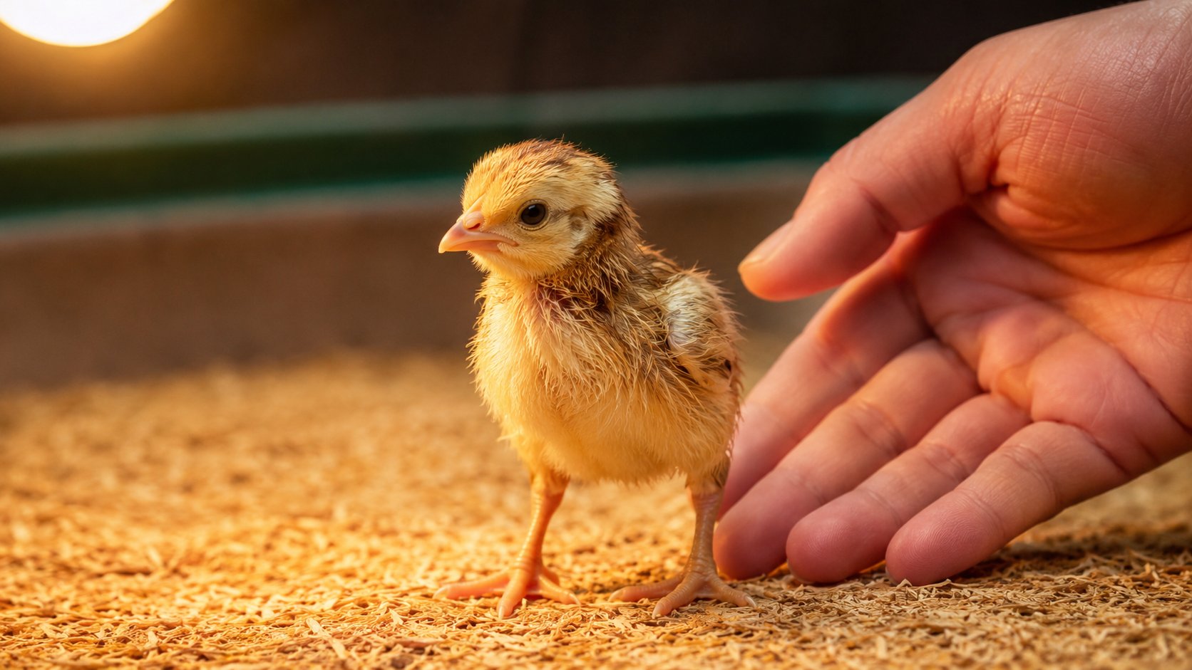 gà con mới nở đứng dưới đèn úm trong tuần đầu, giữ vùng ấm ổn định để đàn nằm tản đều