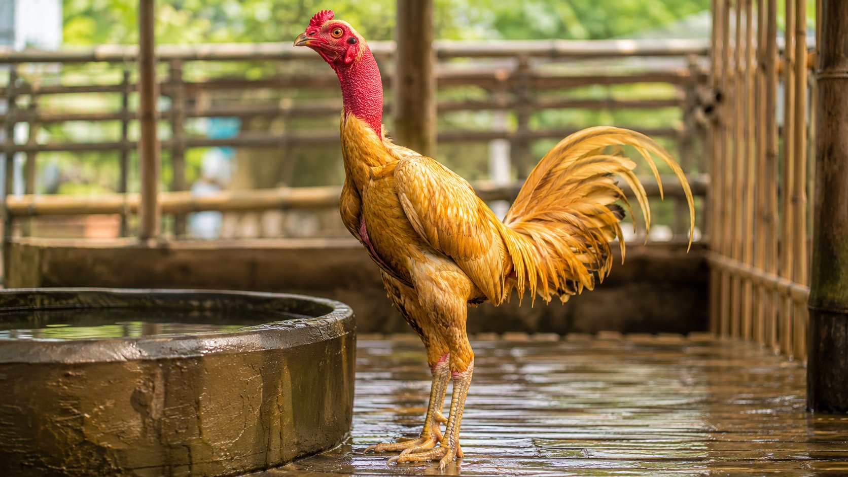 Gà nòi vàng nghệ đứng cạnh máng nước thấp, nền chuồng quanh máng ướt loang