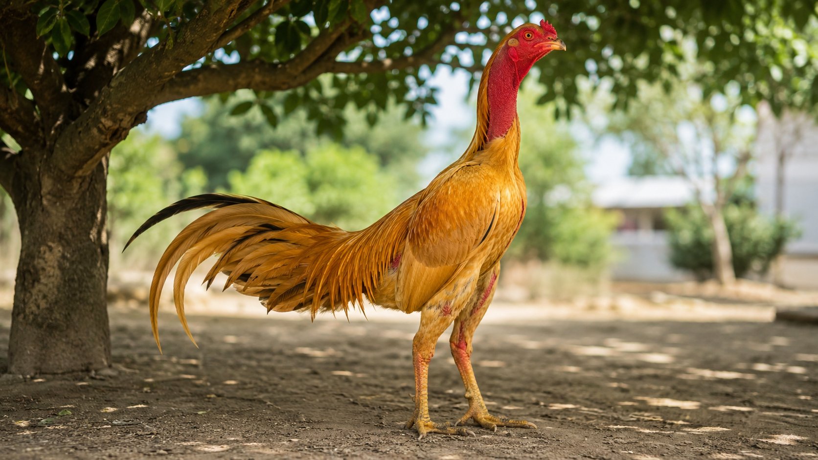gà ó vàng nghệ nghỉ dưới bóng cây trong sân trại