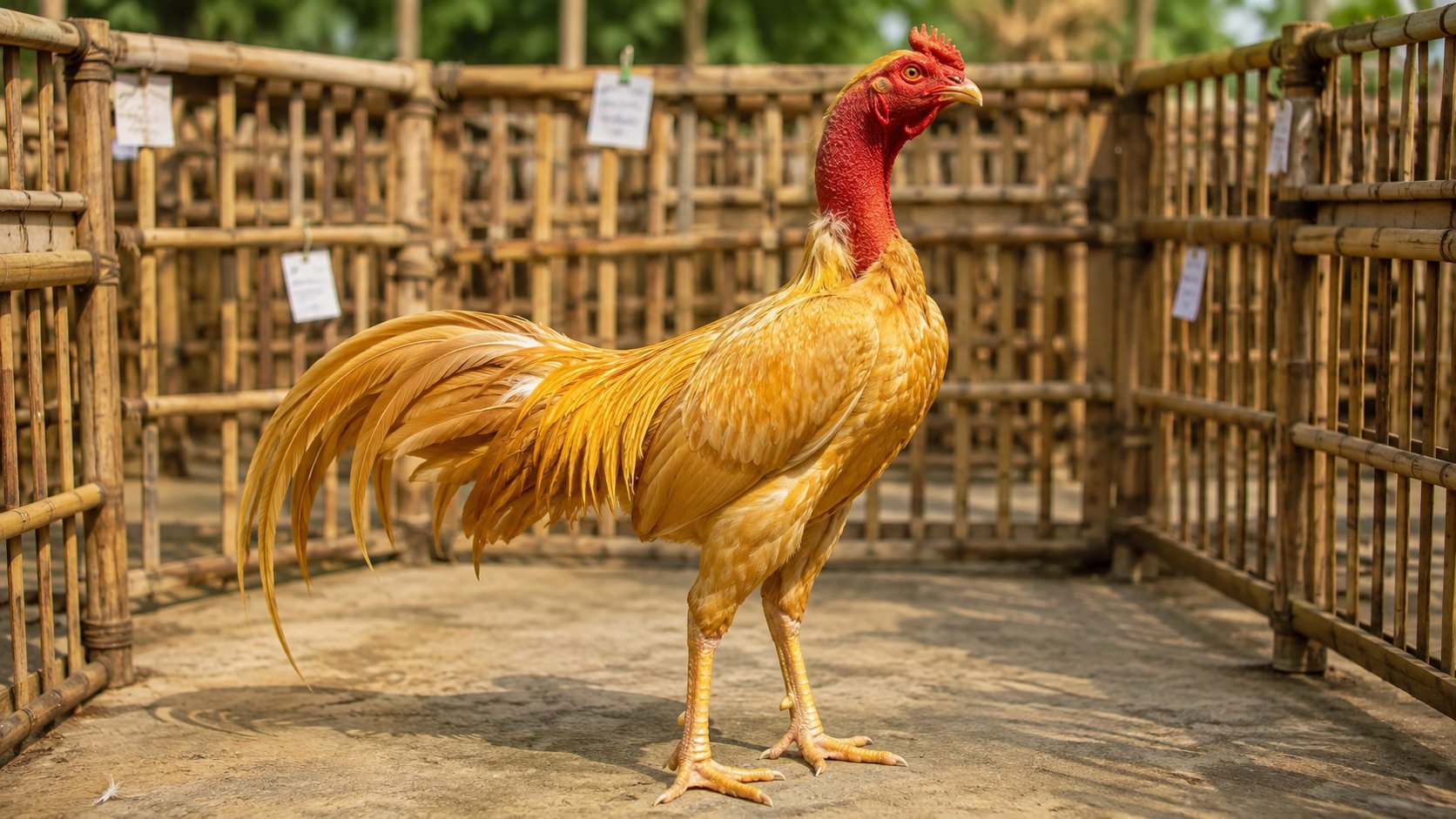 Đàn gà nòi được chia sang các ô chuồng tre có nhãn ghi theo lứa tuổi trước khi ghép đàn