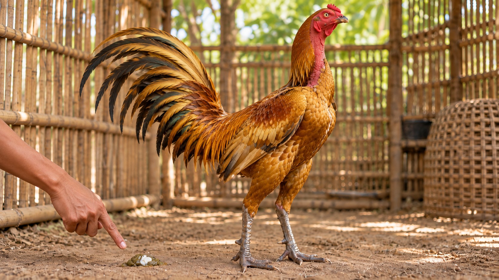 Người nuôi chỉ vào bãi phân tươi trên nền chuồng buổi sáng để xem màu và độ loãng của phân gà