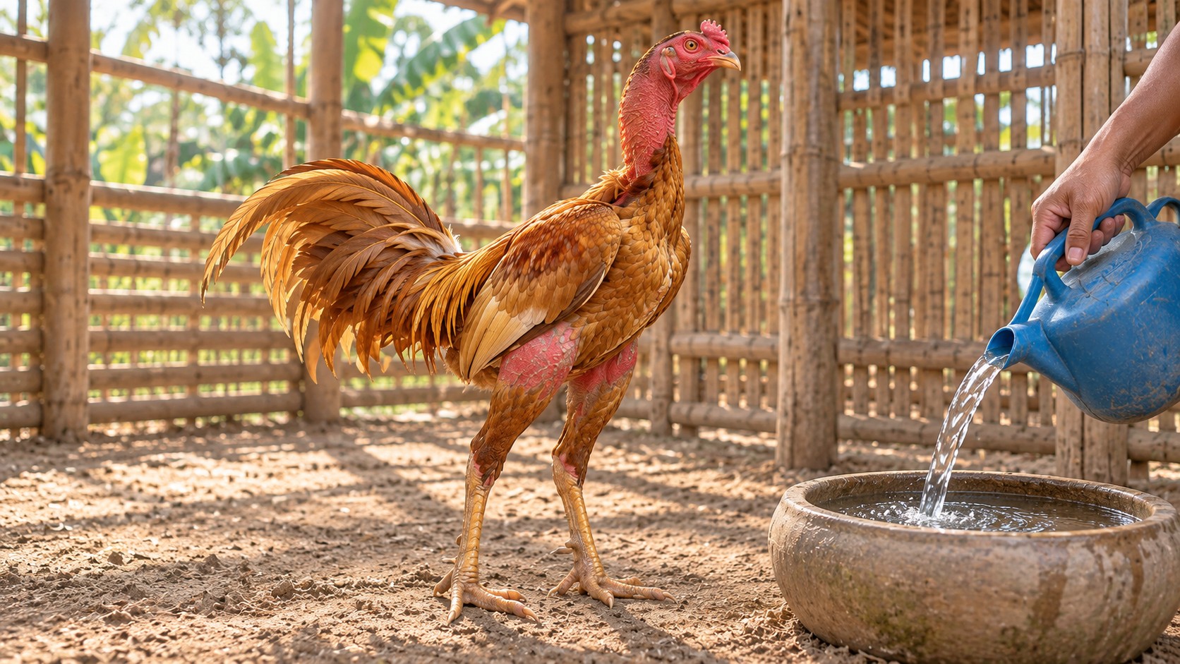Thay nước sạch vào máng cho gà nòi trước khi pha thuốc tẩy giun theo đường nước uống buổi sáng