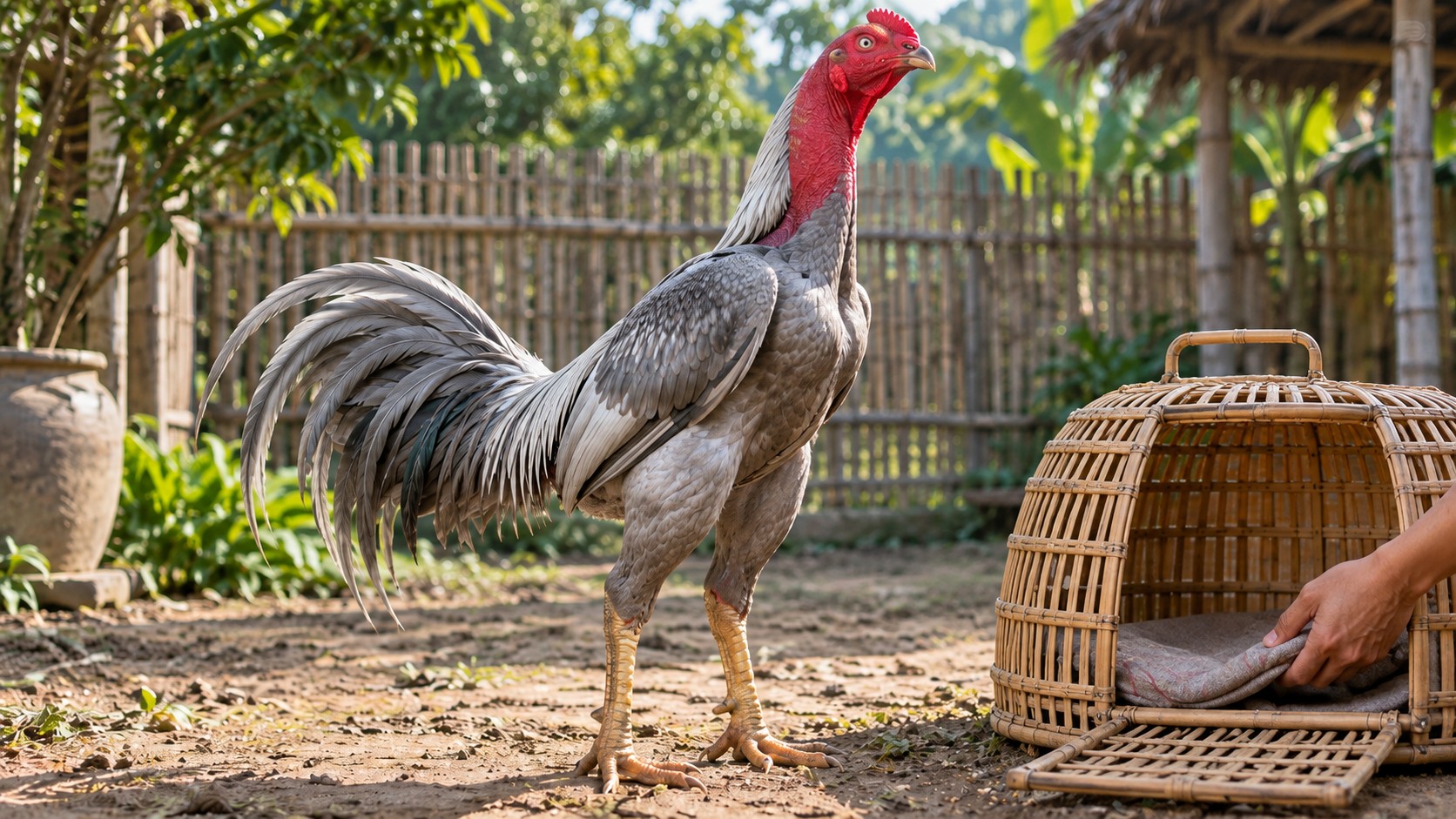 Gà nòi xám bạc đứng cạnh lồng tre vận chuyển, tay người xếp đệm vải êm vào trong lồng chuẩn bị đưa gà đi xa