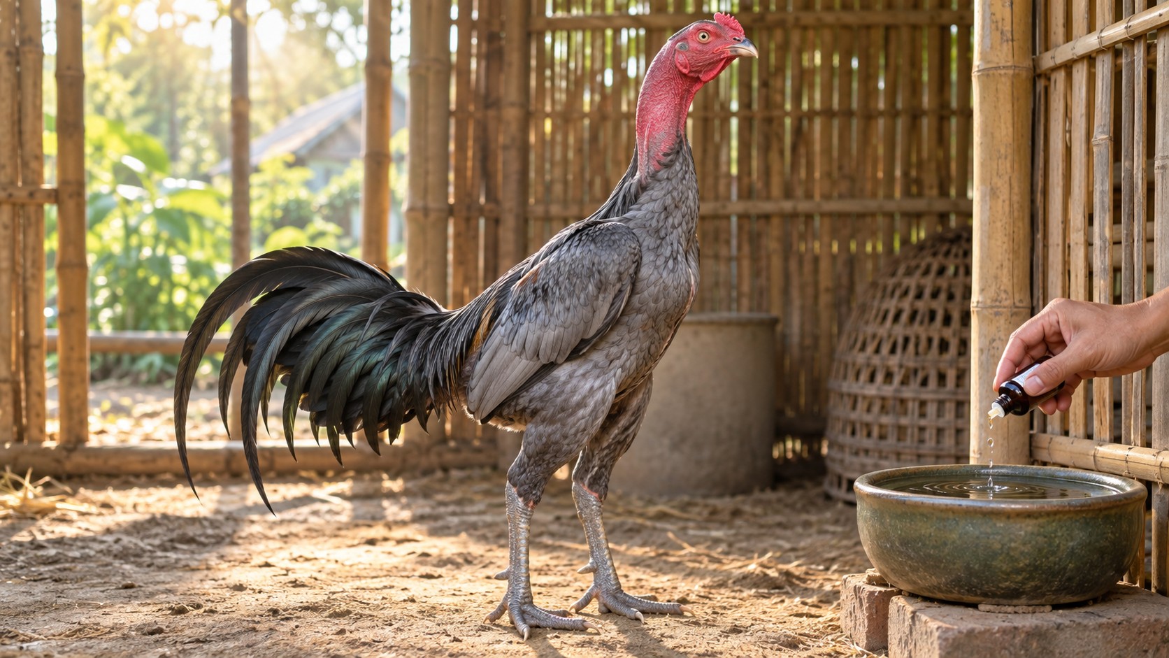 Người nuôi nhỏ thuốc pha vào bát nước uống đặt cạnh gà nòi xám tro trong chuồng tre để cho cả đàn uống đúng liều