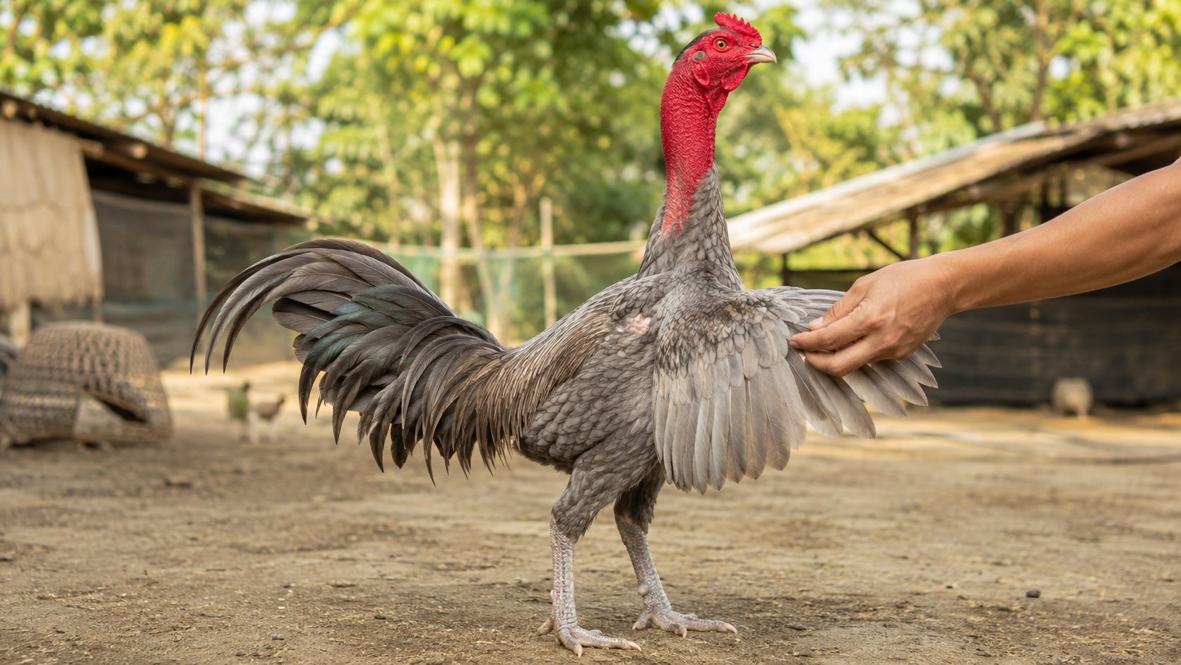 nâng nhẹ cánh gà nòi xám tro kiểm tra bộ lông trước mùa thay lông để đối chiếu tuổi gà