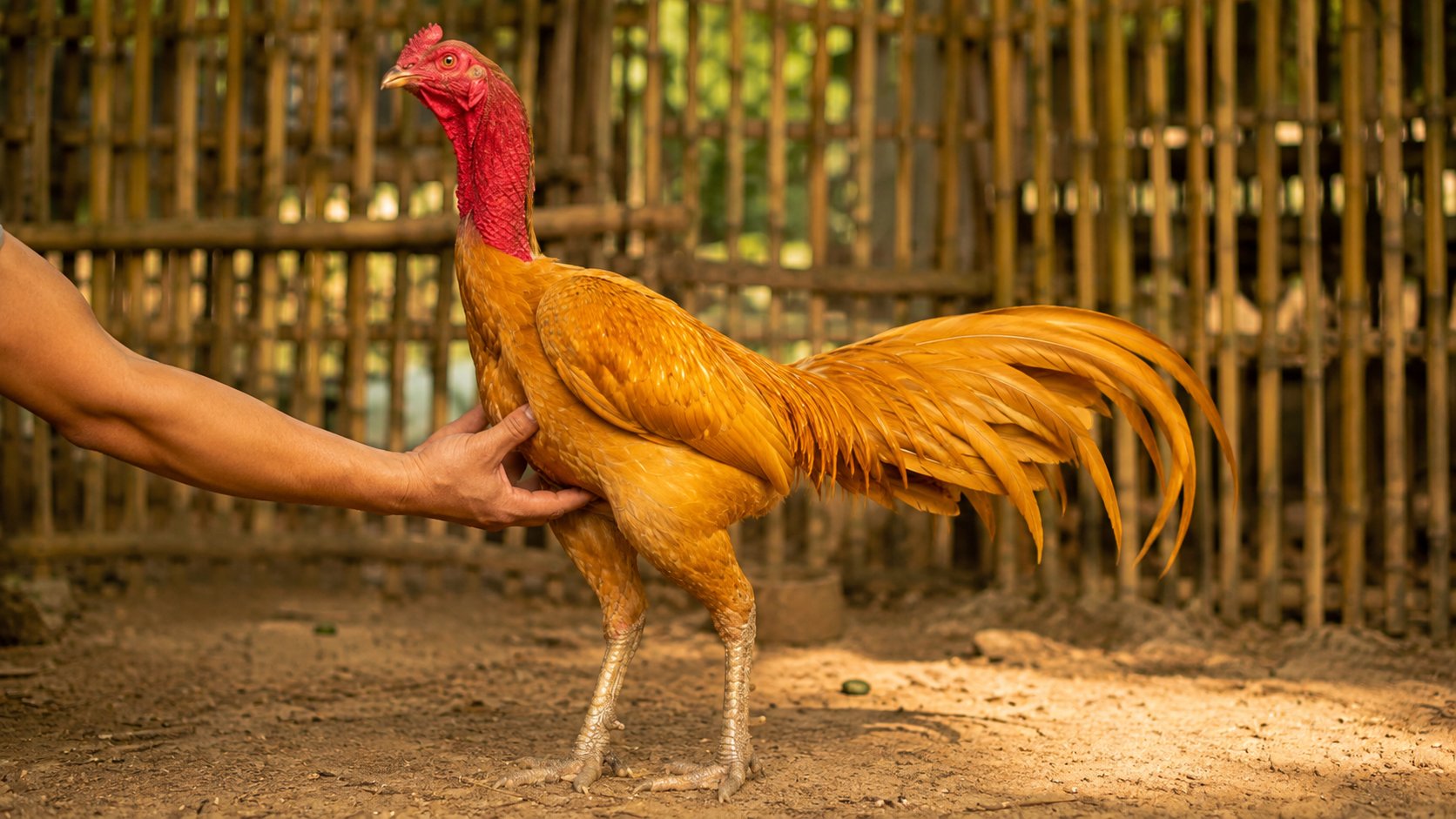 Kiểm tra mào và tích gà dưới nắng sớm để xem dấu hiệu con trống bước vào giai đoạn tập gáy